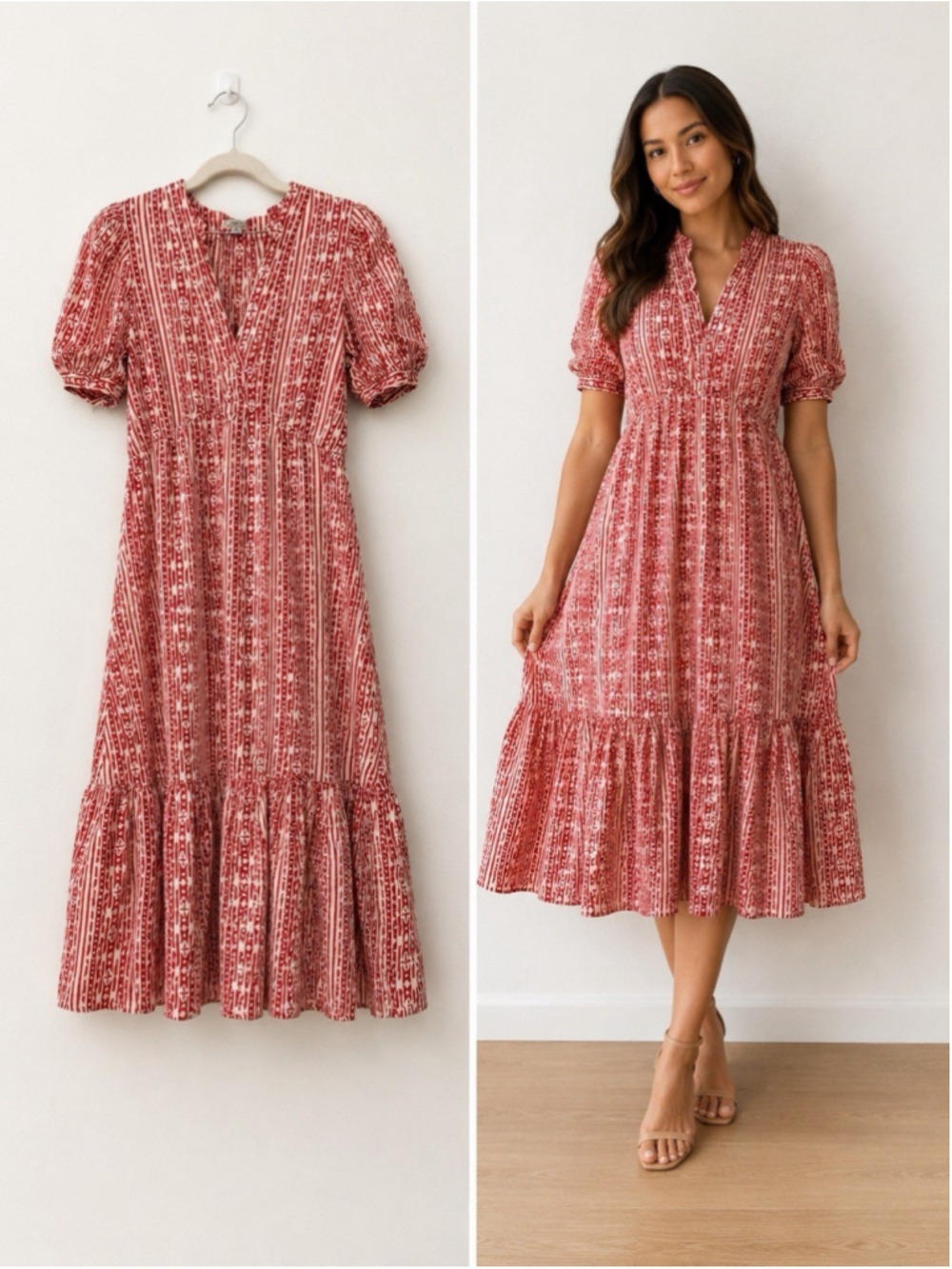 Natura Women’s Size S Red White Printed Midi Dress Puff Sleeve Boho Cottagecore